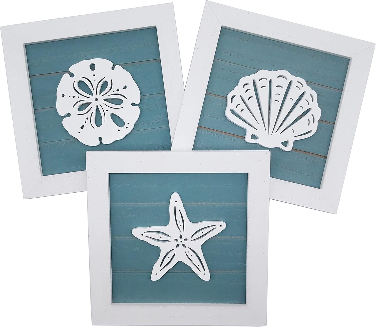 Ocean Theme Wall Decor Set – 3 Rustic 7x7in Wooden Beach Signs with 3D Starfish, Seashell & Sand Dollar for Coastal Summer Home or Lake House Decor